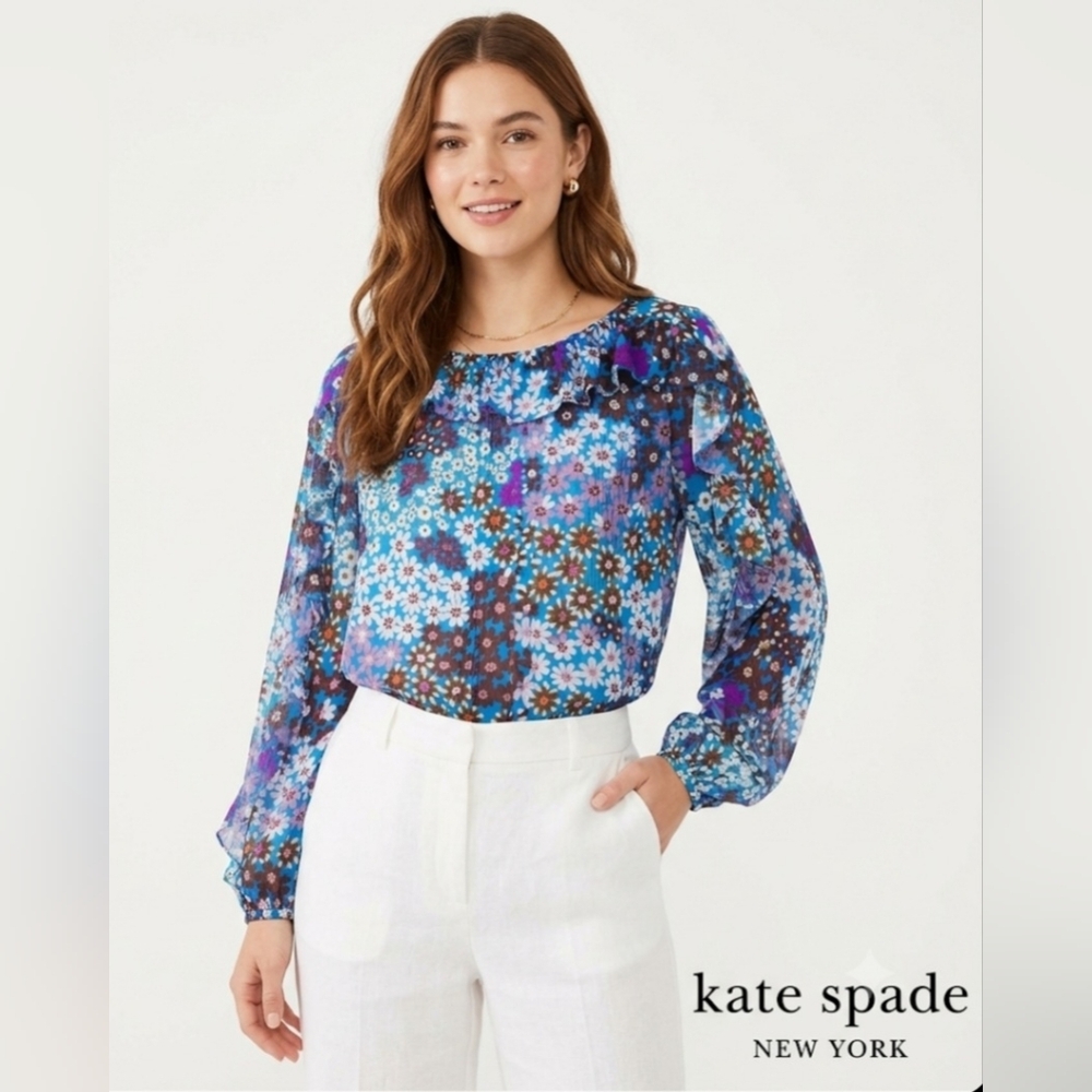 🌸 Kate Spade "Pacific Petals" 100% Silk Ruffle Blouse | Size XS 🌸
